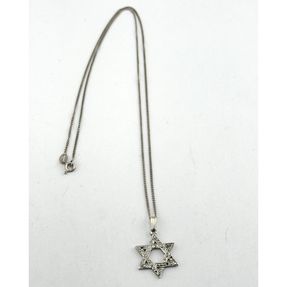 Vintage Sterling Silver 925 Marcasite Stone Jewish Star Charm Pendant Necklace